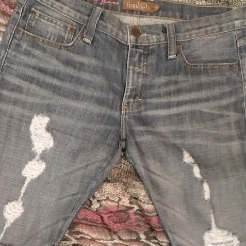 Frankie B. Blue Distressed Jean Shorts with Bleach Splatter